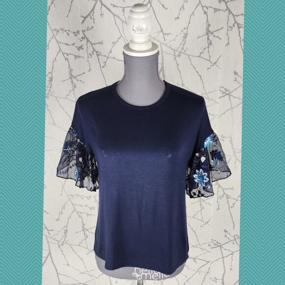 Pebble & Stone Navy Mesh Embroidered Flutter Sleeve Tee - Picture 1 of 5